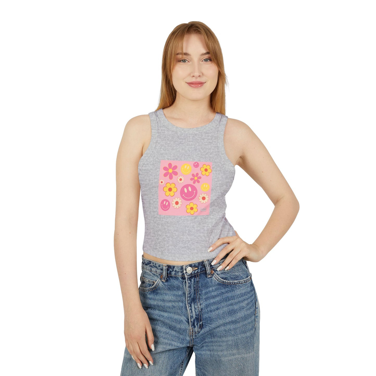 Playful Floral Smiley Racer Tank Top for Women - Perfect for Summer Vibes!