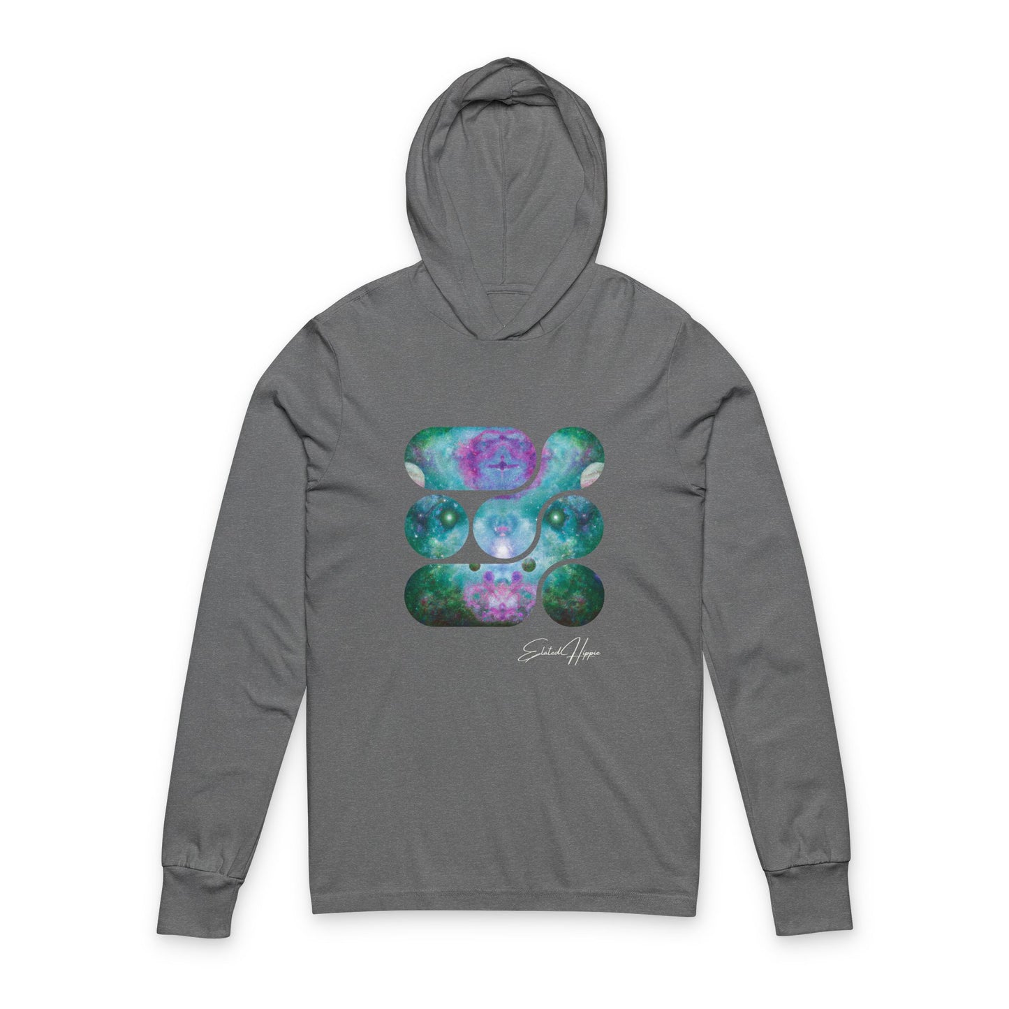 Elated Hippie 100% Airlume Cotton Cosmic Vibes Unisex Hooded Long Sleeve Tee, Astronaut Gift, Galaxy Print Shirt, Space Theme Apparel, Trendy Streetwear