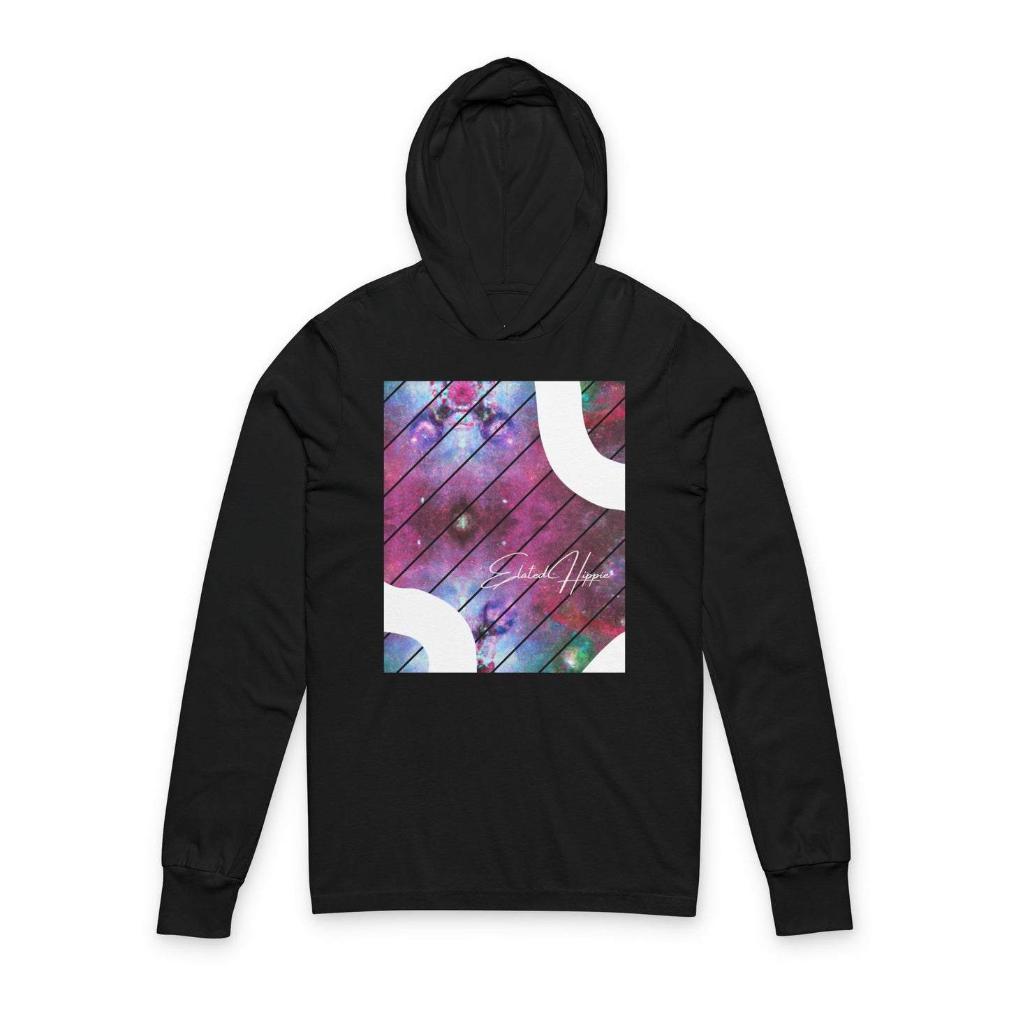 Elated Hippie Cosmic 100% Airlume Cotton Unisex Hooded Long Sleeve Tee, Astronaut Gift, Galaxy Print Shirt, Space Theme Apparel, Trendy Streetwear, Comfort Wear