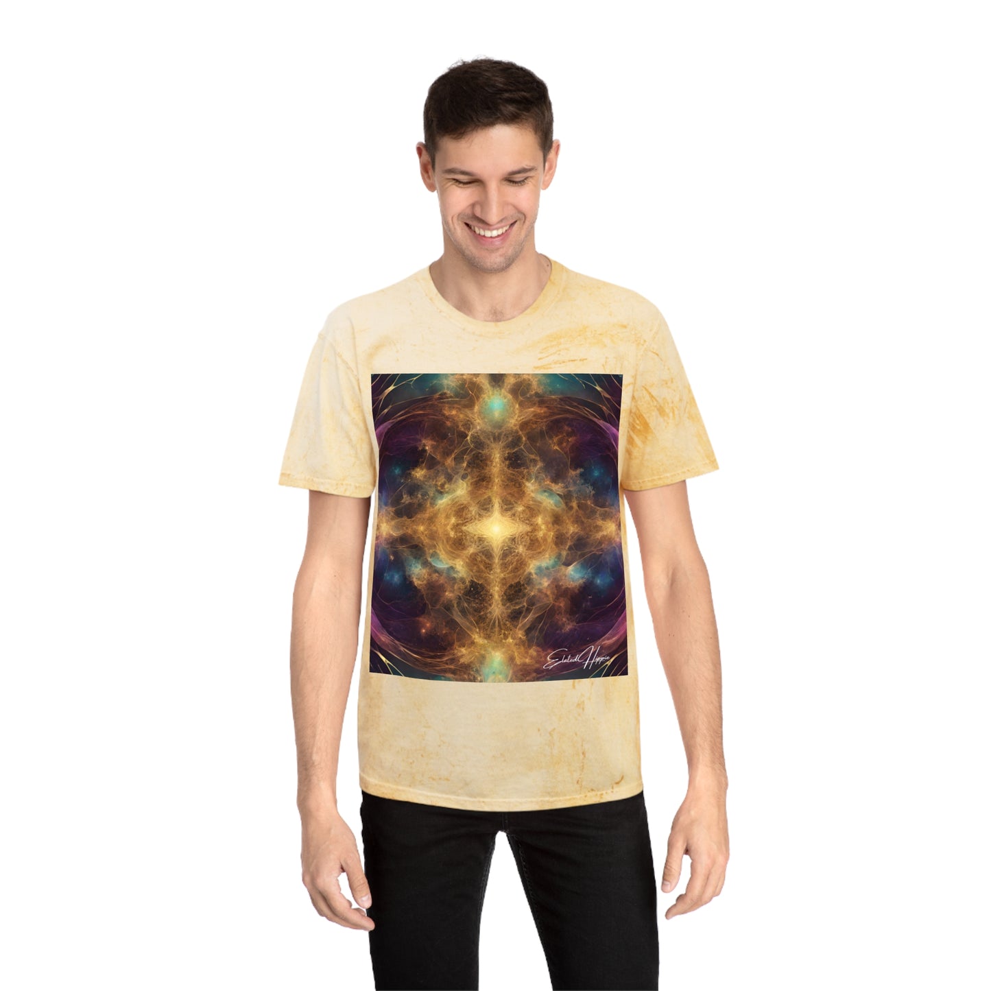 Elated Hippie: Unique Color Blast Cosmic Earthling 100% Cotton Men's T-Shirt