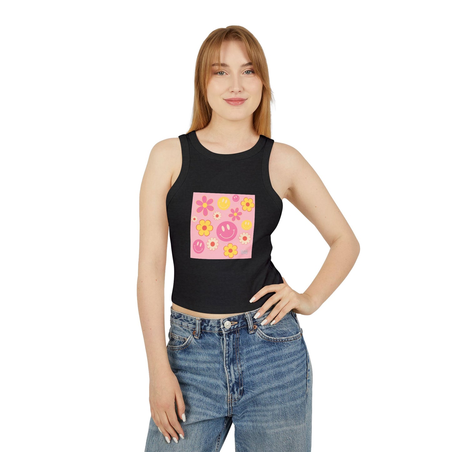 Playful Floral Smiley Racer Tank Top for Women - Perfect for Summer Vibes!