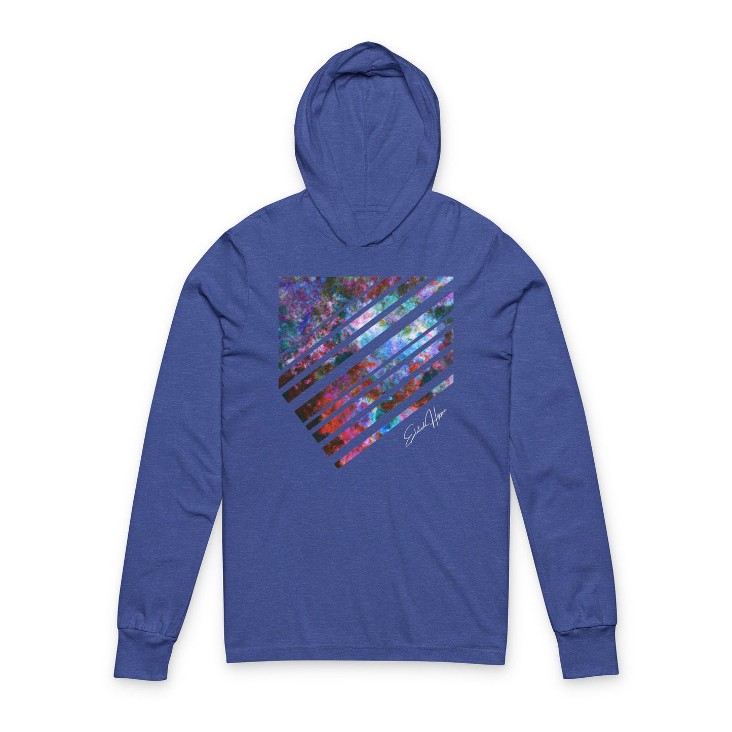 Elated Hippie Cosmic Stripes Vibes Unisex Hooded Long Sleeve Tee, Astronaut Gift, Galaxy Print Shirt, Space Theme Apparel, Trendy Streetwear, Comfort Wear