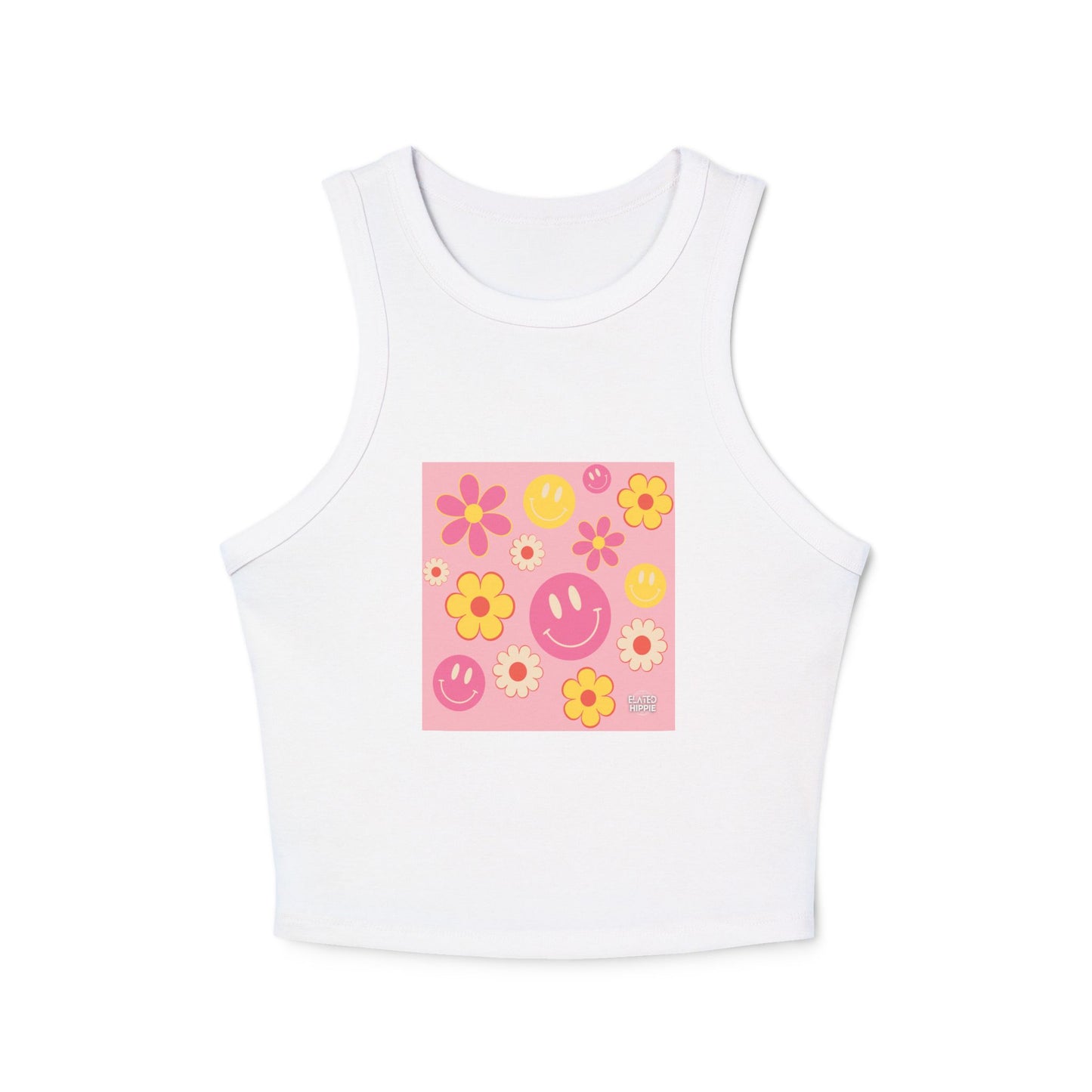 Playful Floral Smiley Racer Tank Top for Women - Perfect for Summer Vibes!