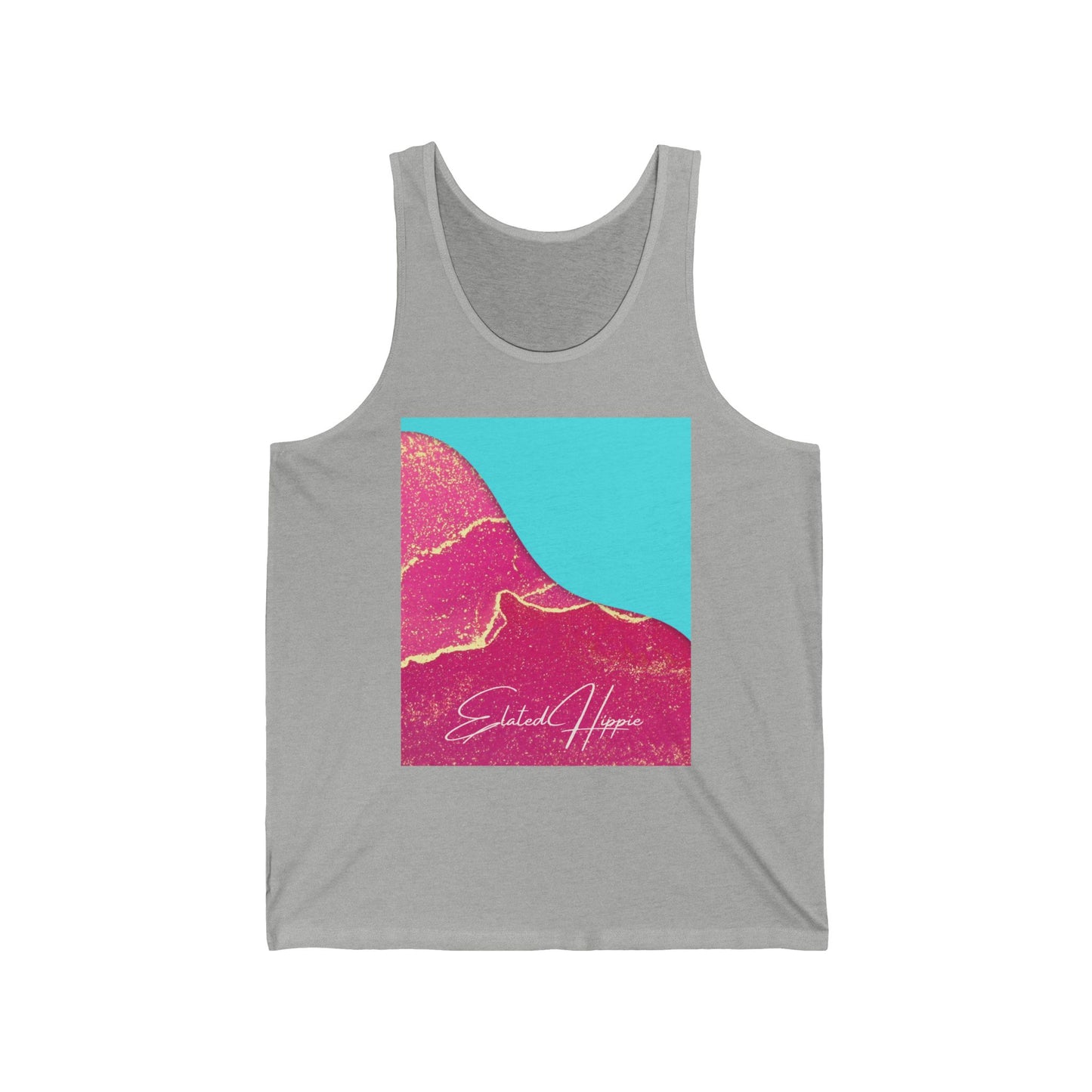 Elated Hippie Retro Blue 100% Airlume Cotton and Gold Swirl Jersey Tank Top, =, Summer Wardrobe Essential, Casual Wear