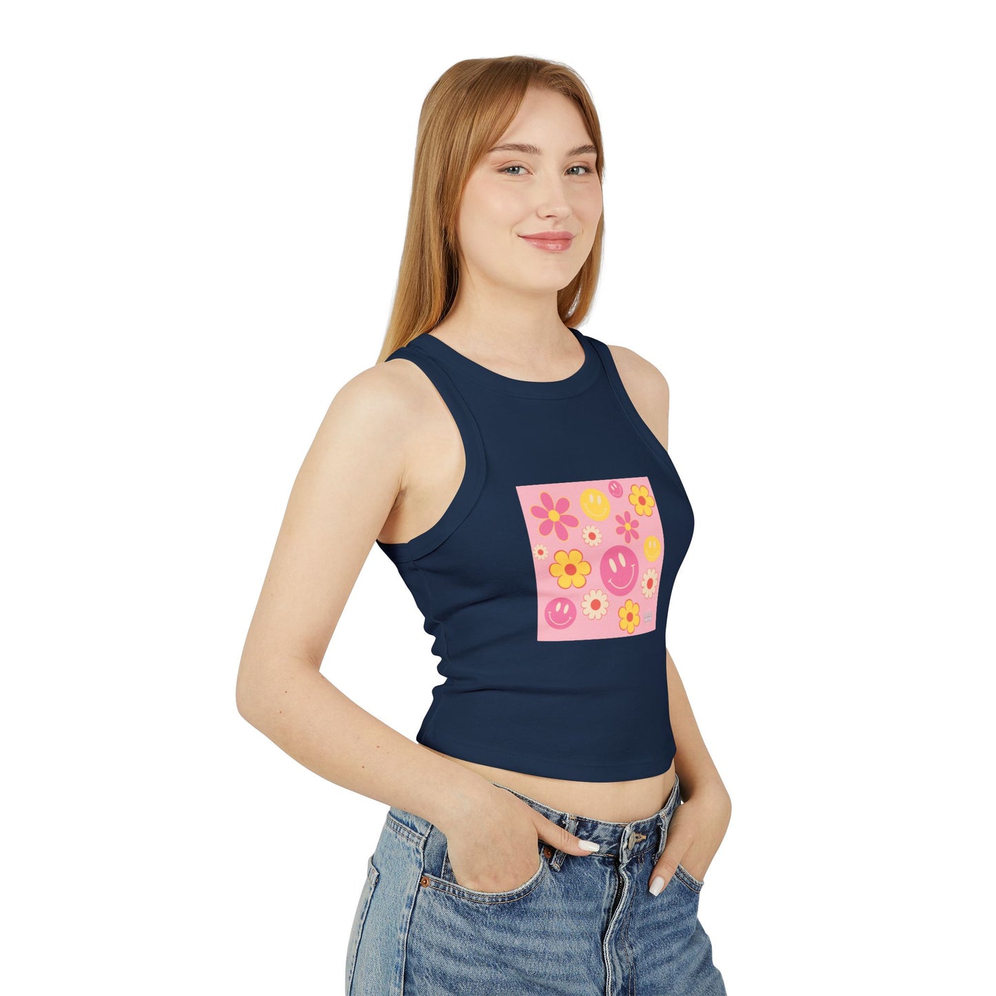 Playful Floral Smiley Racer Tank Top for Women - Perfect for Summer Vibes!