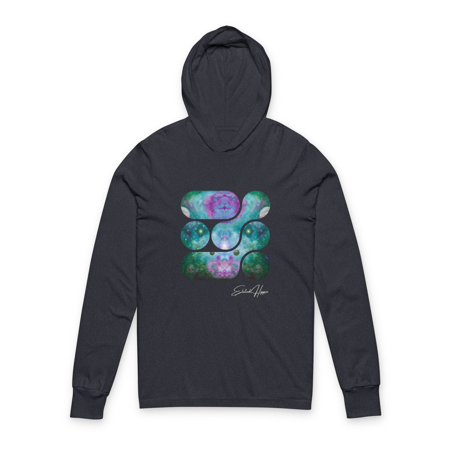 Elated Hippie 100% Airlume Cotton Cosmic Vibes Unisex Hooded Long Sleeve Tee, Astronaut Gift, Galaxy Print Shirt, Space Theme Apparel, Trendy Streetwear