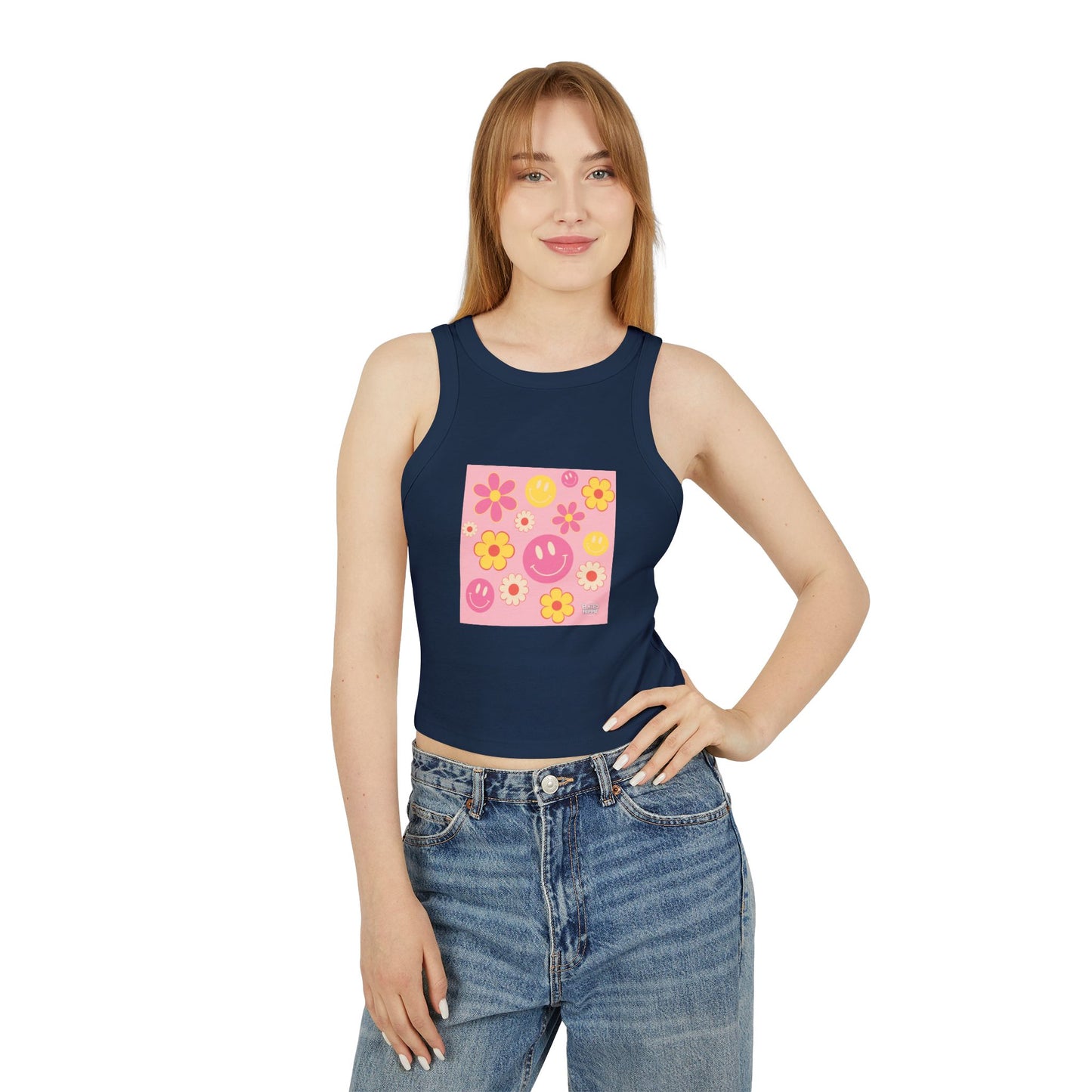 Playful Floral Smiley Racer Tank Top for Women - Perfect for Summer Vibes!