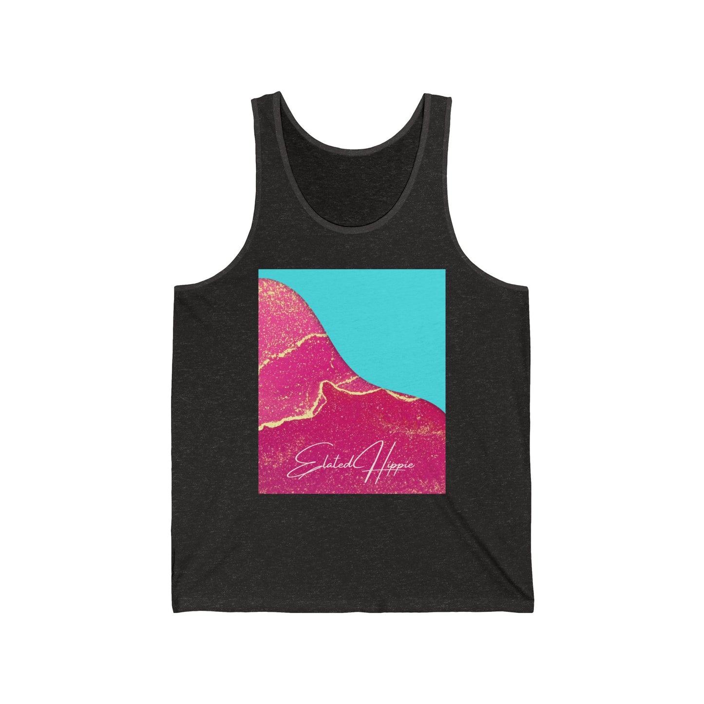 Elated Hippie Retro Blue 100% Airlume Cotton and Gold Swirl Jersey Tank Top, =, Summer Wardrobe Essential, Casual Wear
