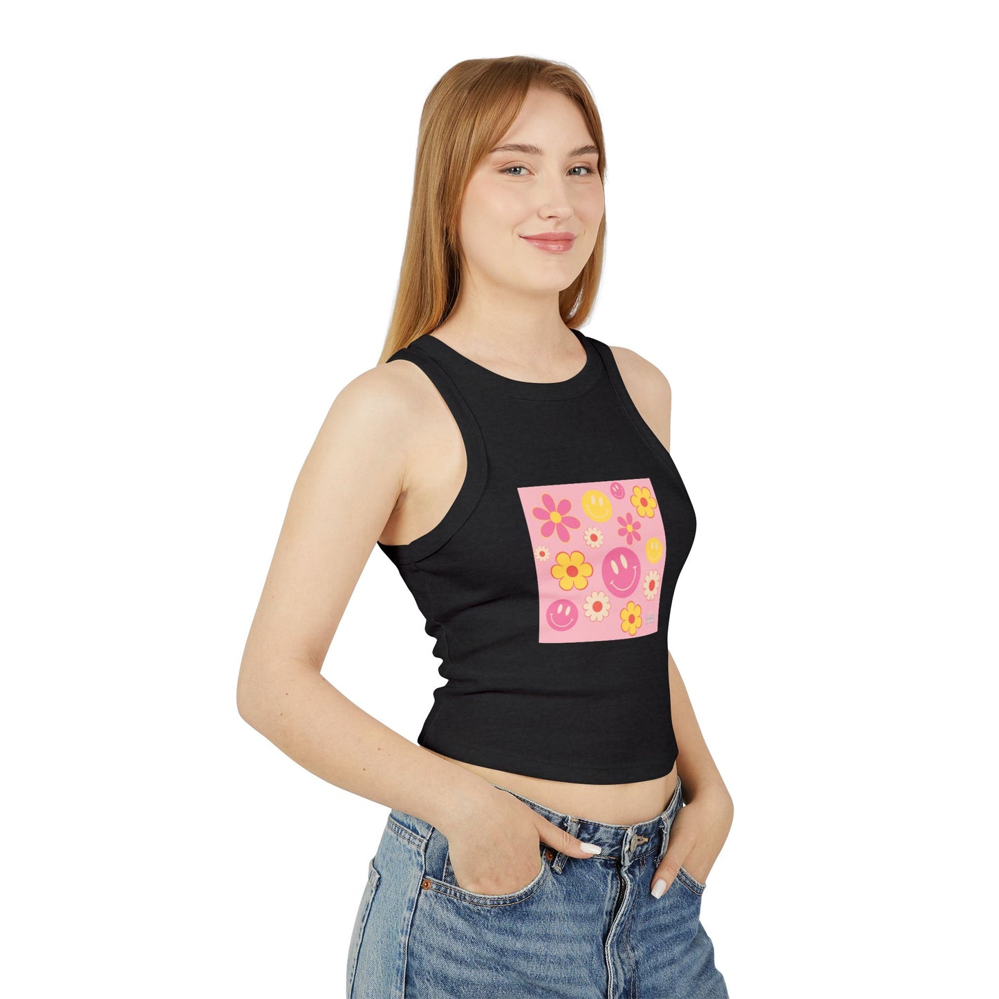 Playful Floral Smiley Racer Tank Top for Women - Perfect for Summer Vibes!