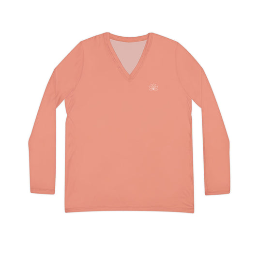 Elated Hippie Dusty Coral Stylish Women's Long Sleeve V-Neck Shirt, Fashionable Casual Top, Perfect for Spring, Summer, and Layering, Gift for Her, Comfy