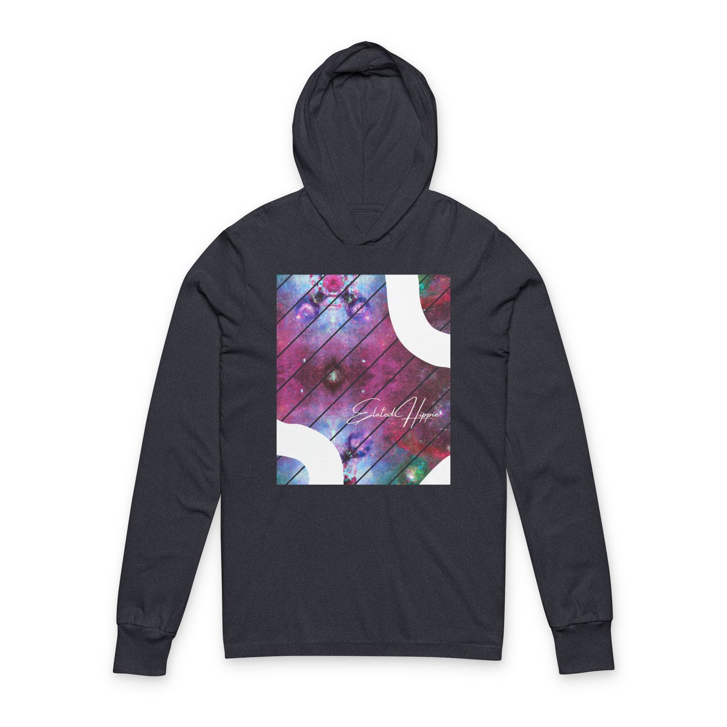 Elated Hippie Cosmic 100% Airlume Cotton Unisex Hooded Long Sleeve Tee, Astronaut Gift, Galaxy Print Shirt, Space Theme Apparel, Trendy Streetwear, Comfort Wear