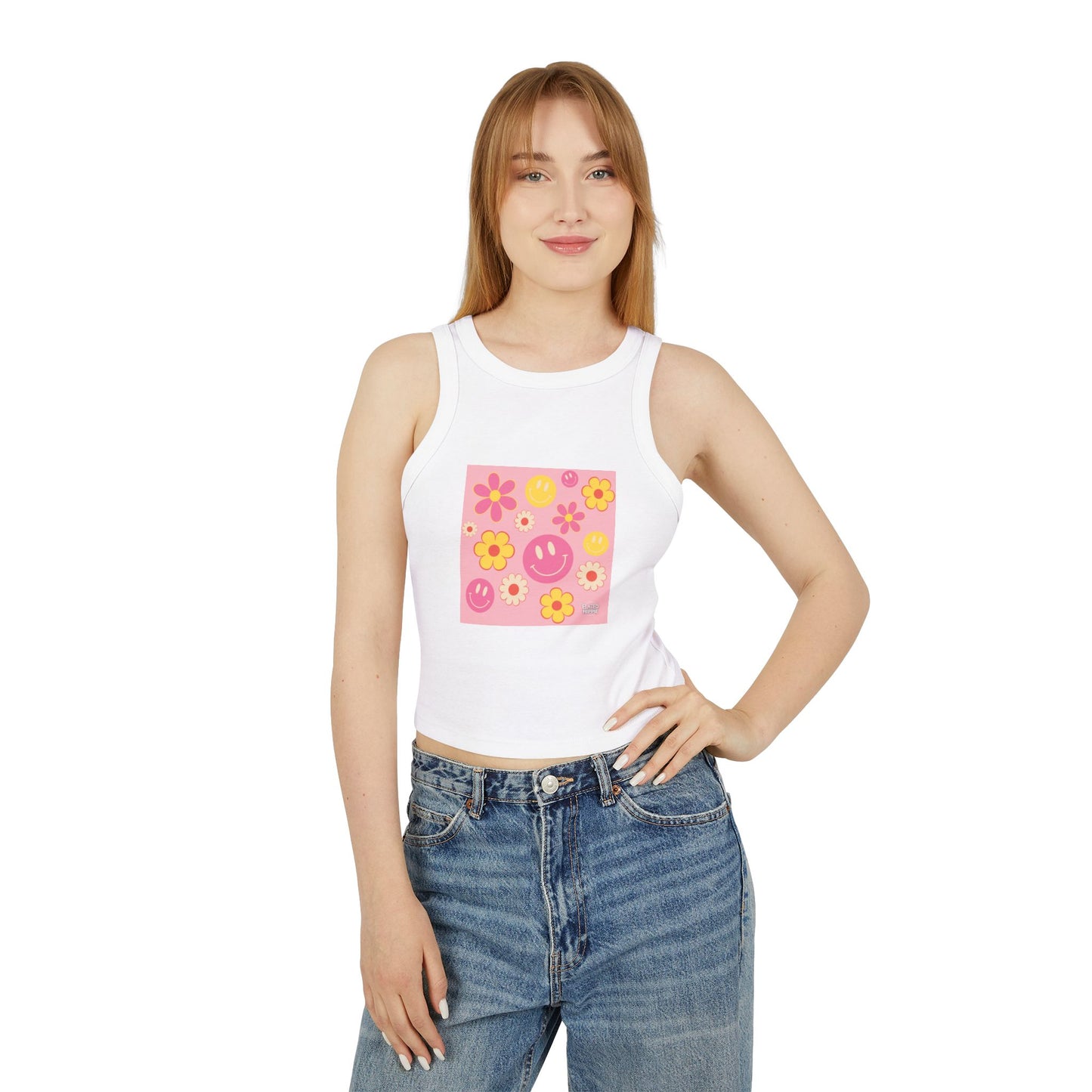 Playful Floral Smiley Racer Tank Top for Women - Perfect for Summer Vibes!