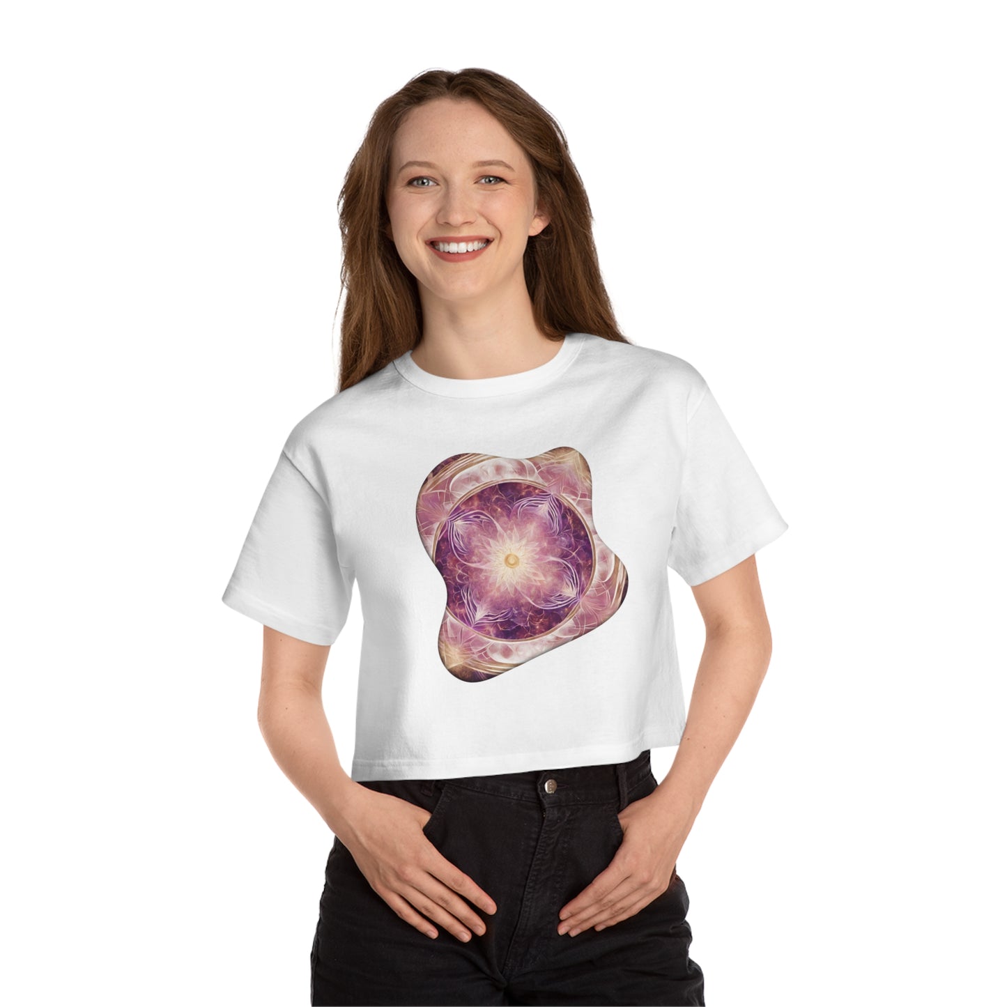 Elated Hippie 100% Cotton Lunar Elegance Flower of Life Cropped T-Shirt for Women, Boho Style Tee, Cosmic Print Top, Summer Fashion, Festival Wear, Gifts for Her