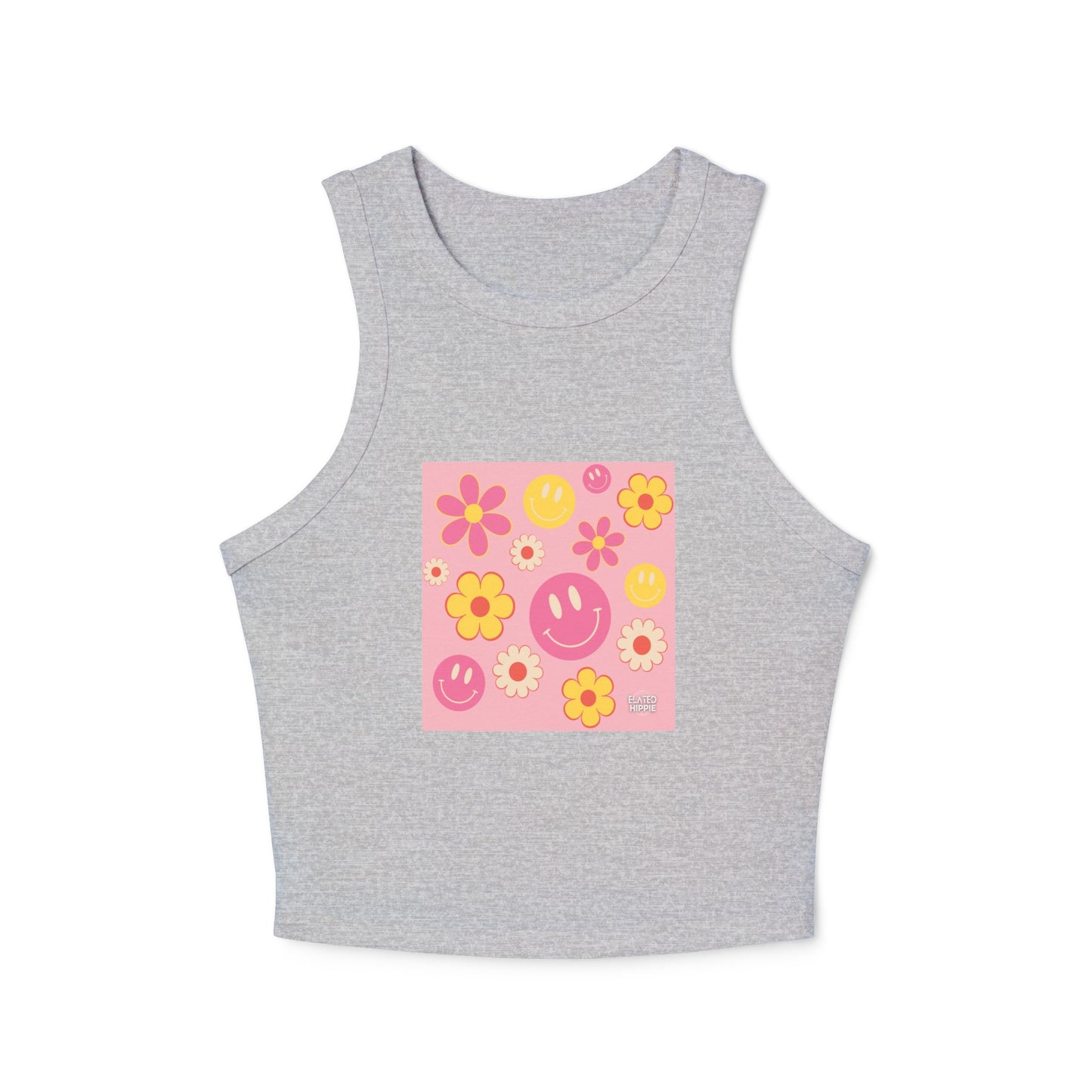 Playful Floral Smiley Racer Tank Top for Women - Perfect for Summer Vibes!