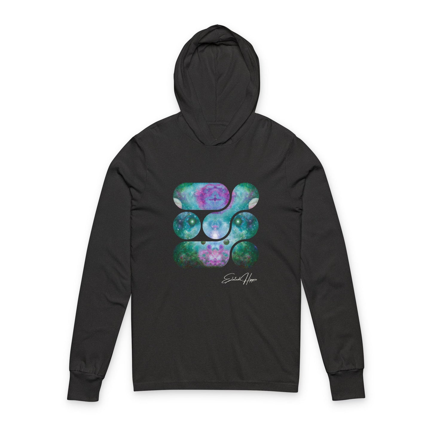 Elated Hippie 100% Airlume Cotton Cosmic Vibes Unisex Hooded Long Sleeve Tee, Astronaut Gift, Galaxy Print Shirt, Space Theme Apparel, Trendy Streetwear