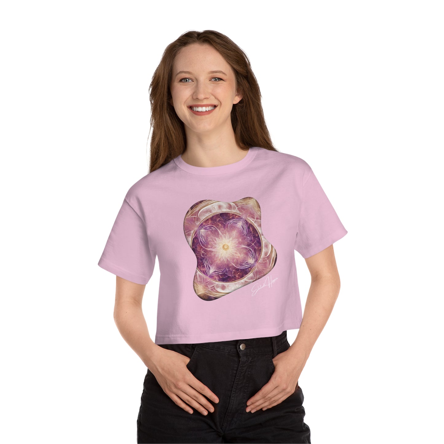 Elated Hippie 100% Cotton Lunar Elegance Flower of Life Cropped T-Shirt for Women, Boho Style Tee, Cosmic Print Top, Summer Fashion, Festival Wear, Gifts for Her