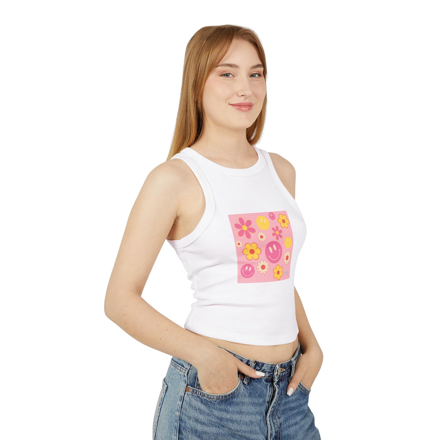 Playful Floral Smiley Racer Tank Top for Women - Perfect for Summer Vibes!