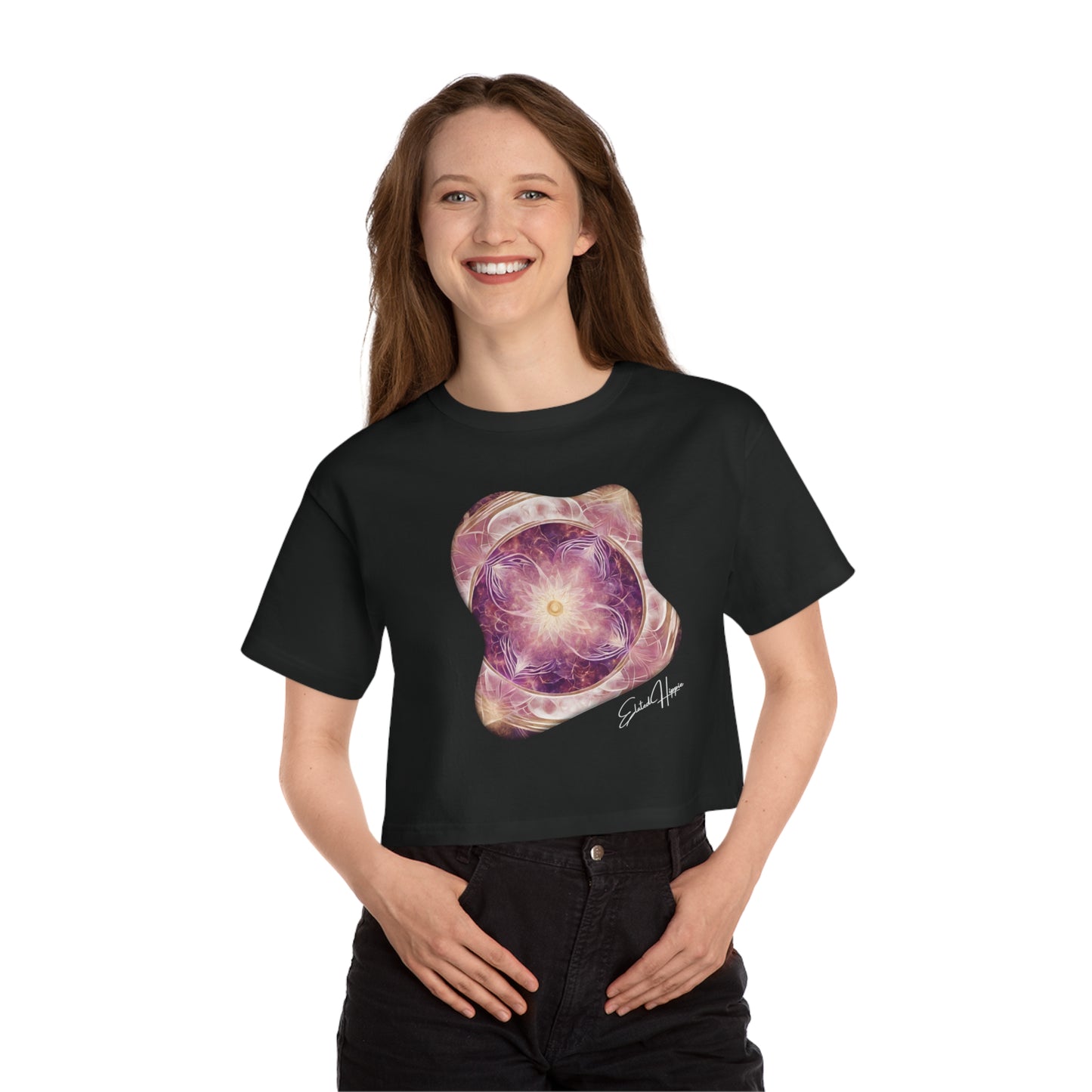 Elated Hippie 100% Cotton Lunar Elegance Flower of Life Cropped T-Shirt for Women, Boho Style Tee, Cosmic Print Top, Summer Fashion, Festival Wear, Gifts for Her