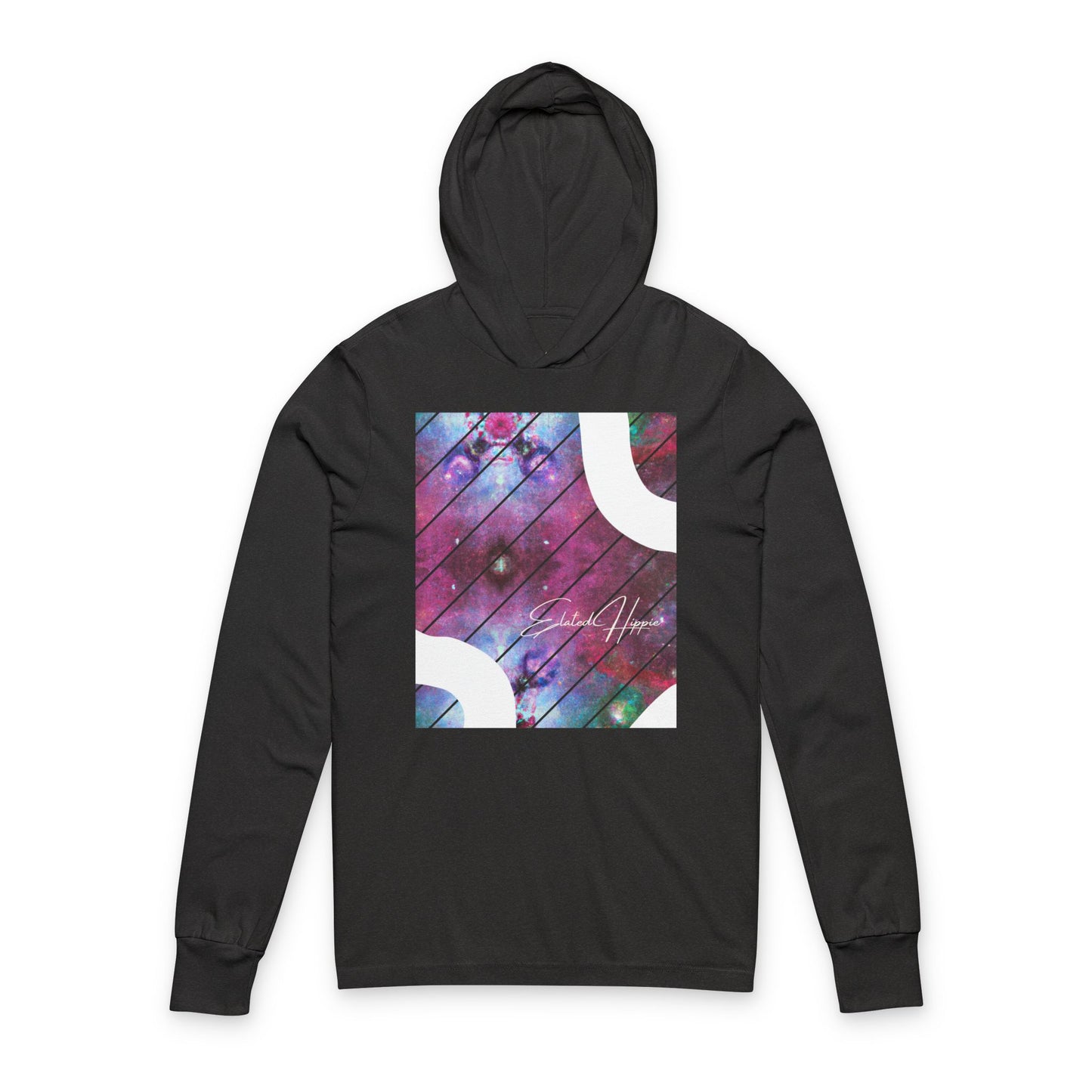 Elated Hippie Cosmic 100% Airlume Cotton Unisex Hooded Long Sleeve Tee, Astronaut Gift, Galaxy Print Shirt, Space Theme Apparel, Trendy Streetwear, Comfort Wear