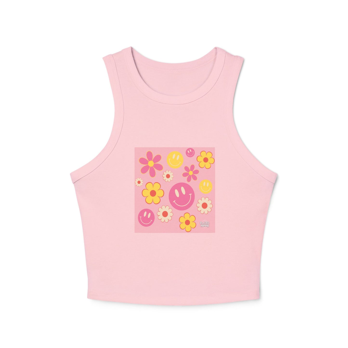Playful Floral Smiley Racer Tank Top for Women - Perfect for Summer Vibes!