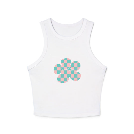 Elated Hippie Playful Checker Flower Racer Tank Top for Women - Perfect for Summer Vibes!