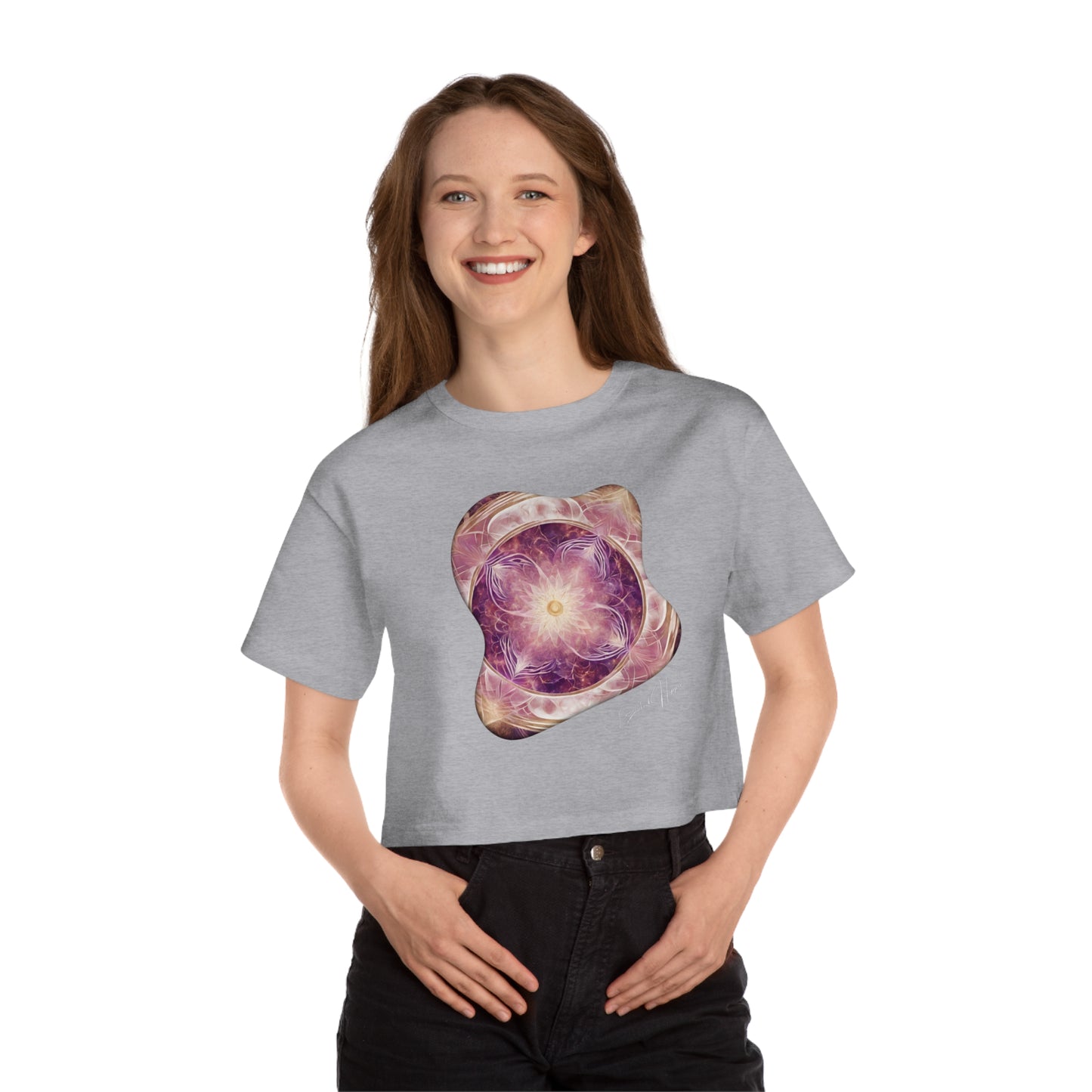 Elated Hippie 100% Cotton Lunar Elegance Flower of Life Cropped T-Shirt for Women, Boho Style Tee, Cosmic Print Top, Summer Fashion, Festival Wear, Gifts for Her