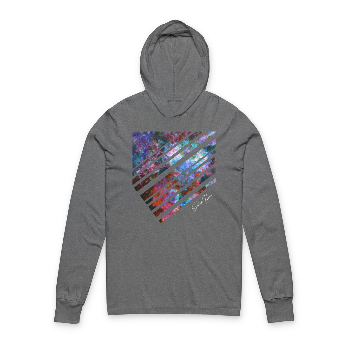 Elated Hippie Cosmic Stripes Vibes Unisex Hooded Long Sleeve Tee, Astronaut Gift, Galaxy Print Shirt, Space Theme Apparel, Trendy Streetwear, Comfort Wear