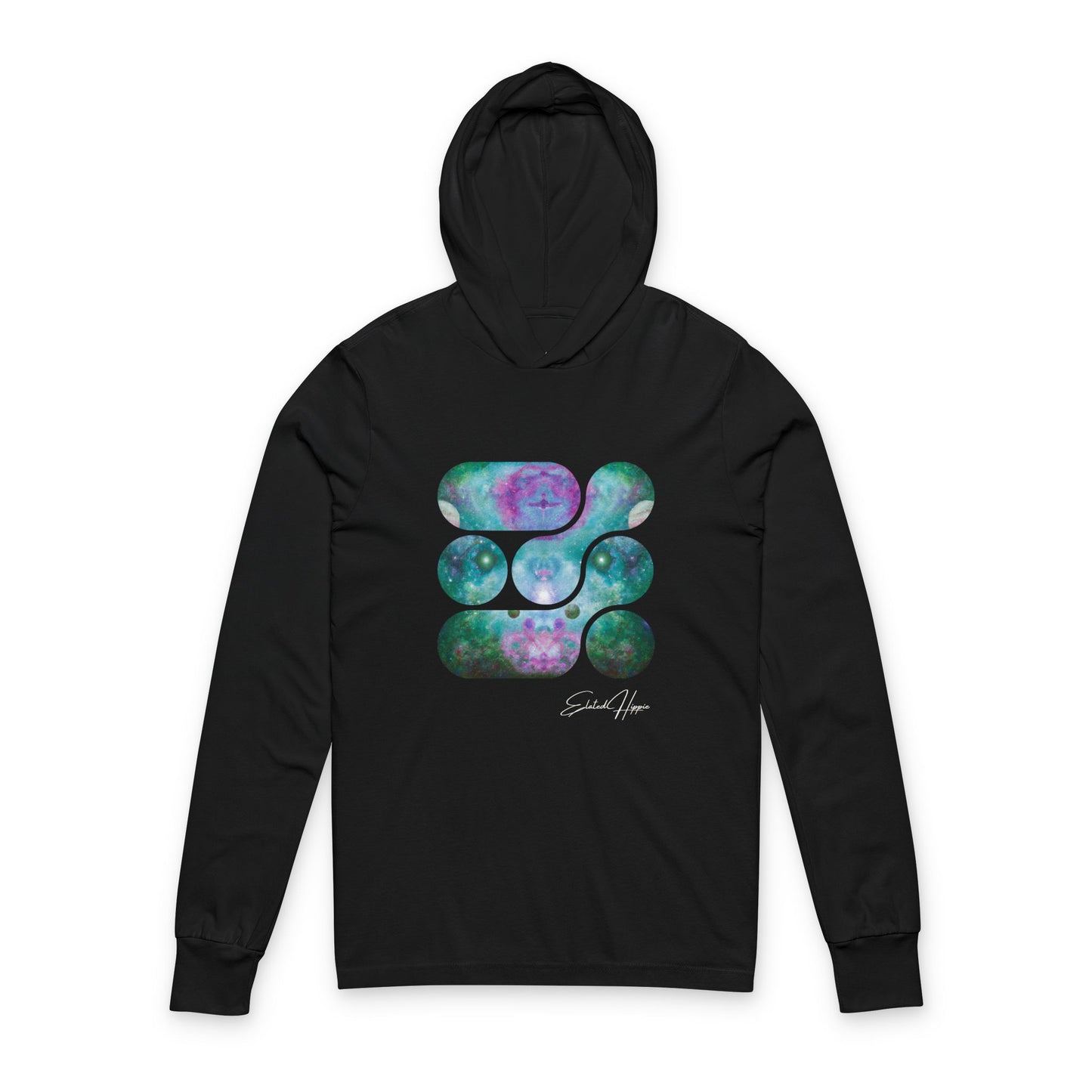 Elated Hippie 100% Airlume Cotton Cosmic Vibes Unisex Hooded Long Sleeve Tee, Astronaut Gift, Galaxy Print Shirt, Space Theme Apparel, Trendy Streetwear