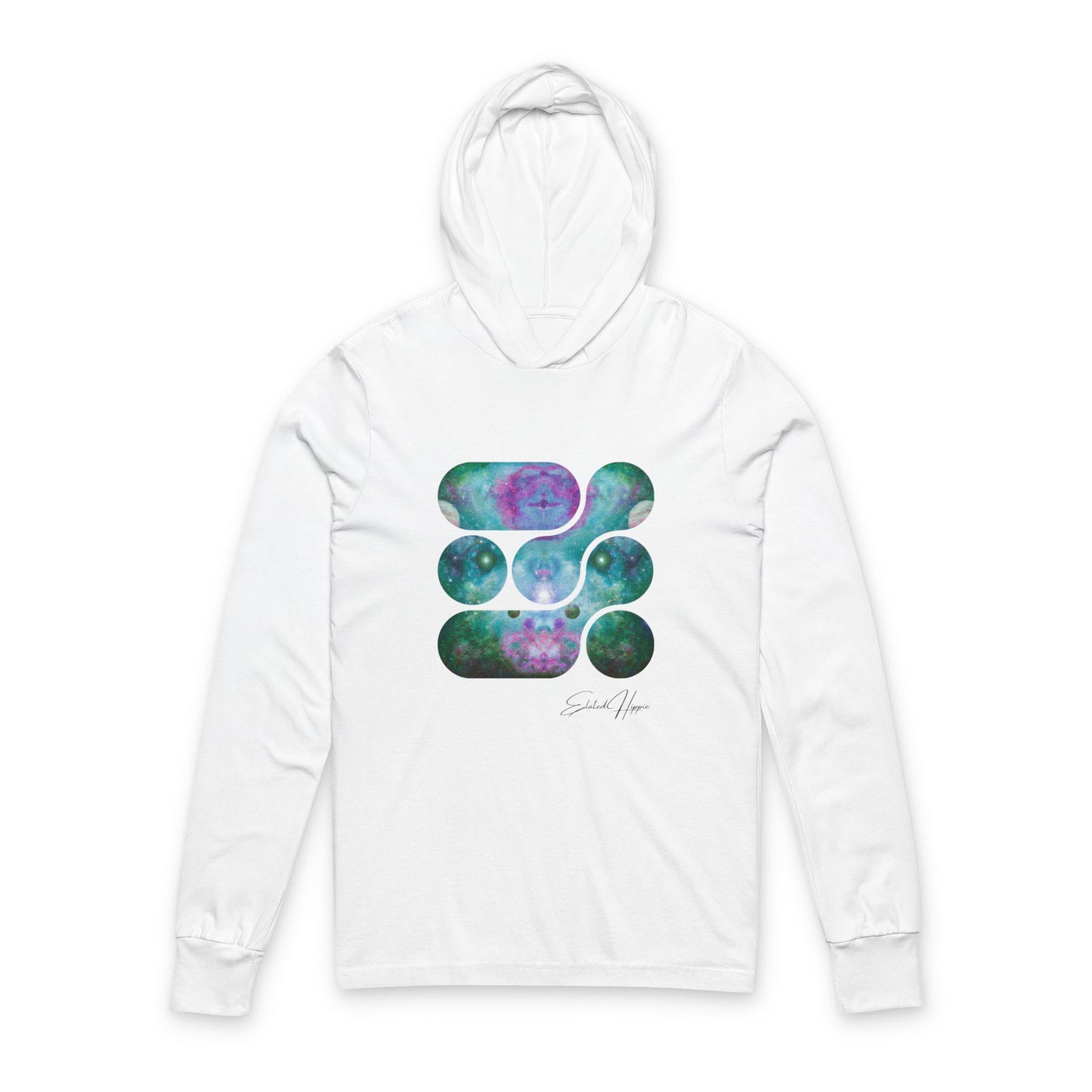 Elated Hippie 100% Airlume Cotton Cosmic Vibes Unisex Hooded Long Sleeve Tee, Astronaut Gift, Galaxy Print Shirt, Space Theme Apparel, Trendy Streetwear
