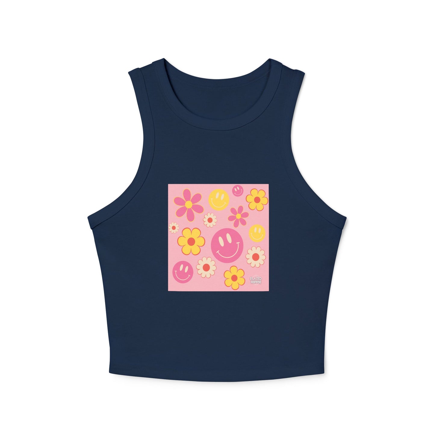 Playful Floral Smiley Racer Tank Top for Women - Perfect for Summer Vibes!