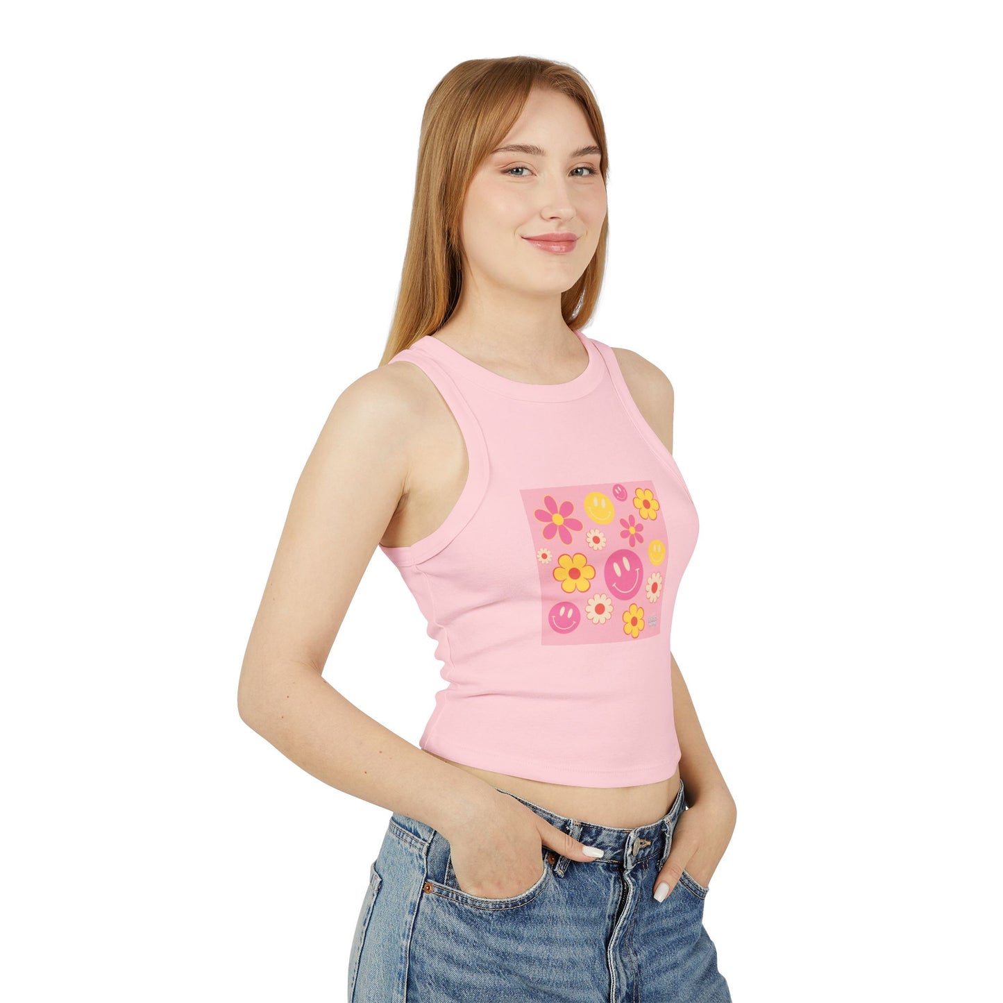 Playful Floral Smiley Racer Tank Top for Women - Perfect for Summer Vibes!