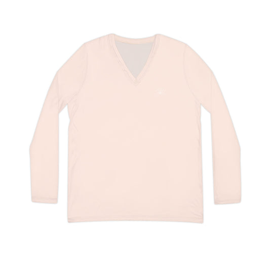 Elated Hippie Peachy Cream Stylish Women's Long Sleeve V-Neck Shirt, Fashionable Casual Top, Perfect for Spring, Summer, and Layering, Gift for Her, Comfy