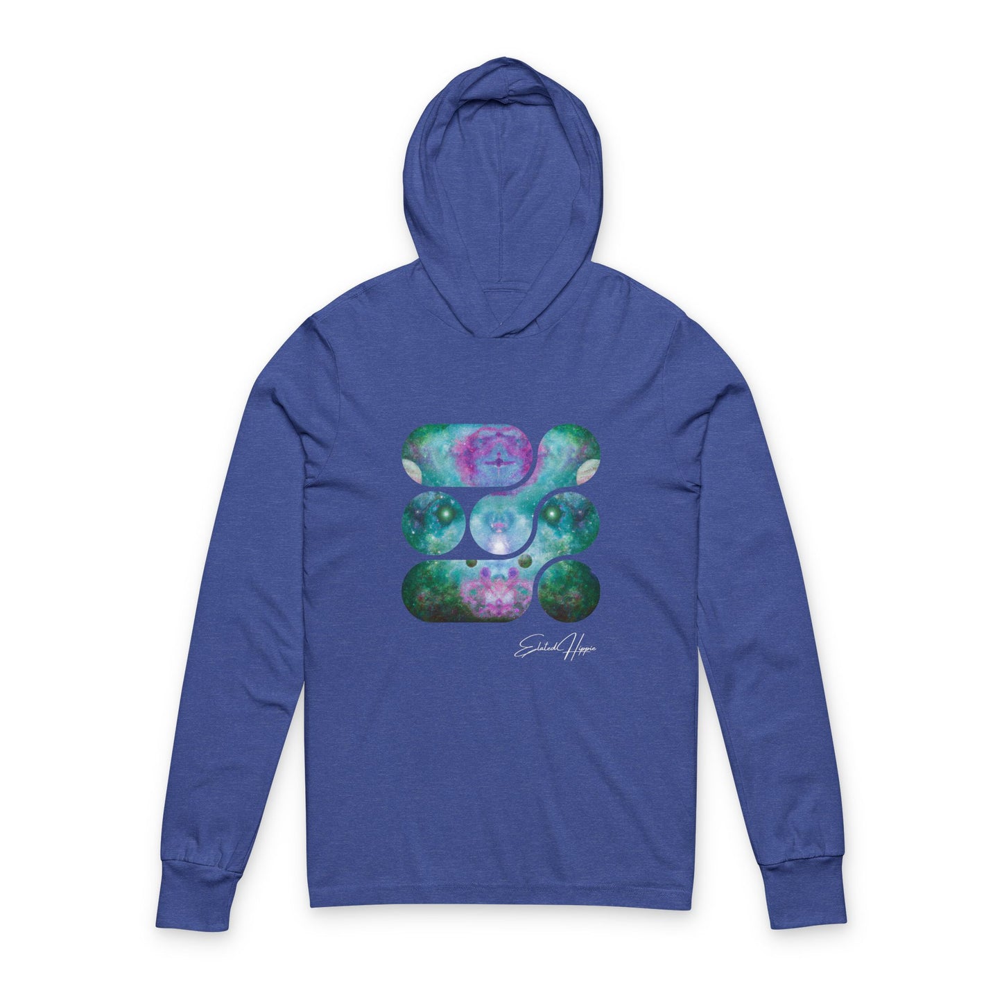 Elated Hippie 100% Airlume Cotton Cosmic Vibes Unisex Hooded Long Sleeve Tee, Astronaut Gift, Galaxy Print Shirt, Space Theme Apparel, Trendy Streetwear