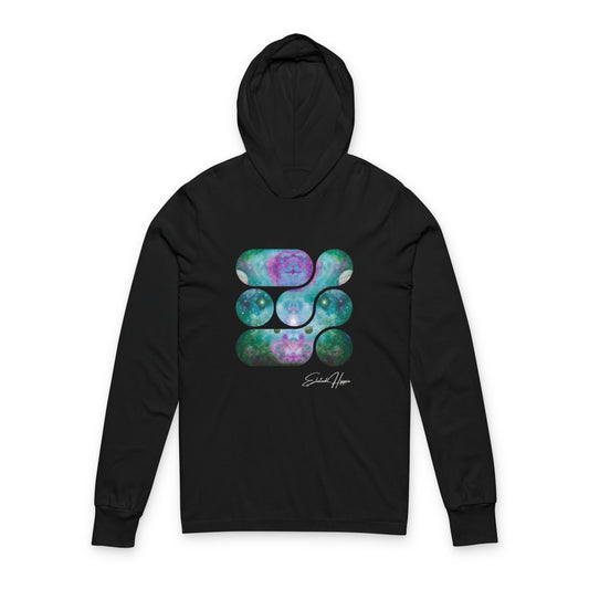 Elated Hippie 100% Airlume Cotton Cosmic Vibes Unisex Hooded Long Sleeve Tee, Astronaut Gift, Galaxy Print Shirt, Space Theme Apparel, Trendy Streetwear