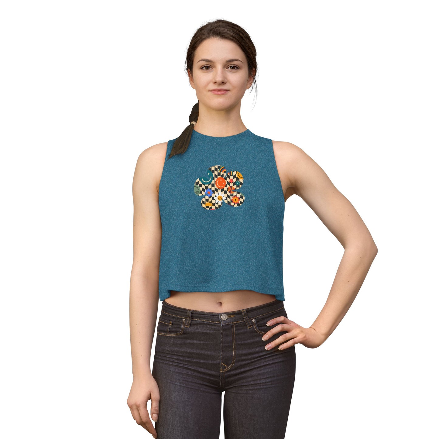 Elated Hippie Checkerboard Flower Crop Top — Retro Pastel Floral Graphic Tank for Women