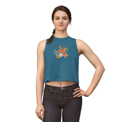 Elated Hippie Checkerboard Flower Crop Top — Retro Pastel Floral Graphic Tank for Women