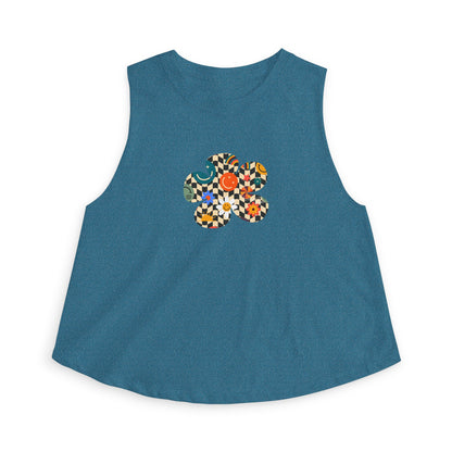 Elated Hippie Checkerboard Flower Crop Top — Retro Pastel Floral Graphic Tank for Women