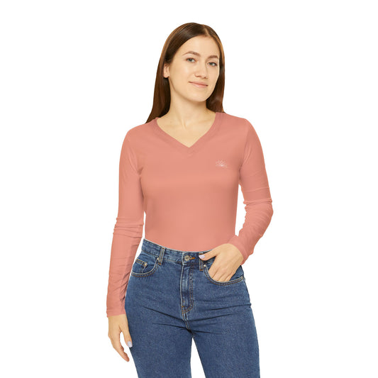 Elated Hippie Dusty Coral Stylish Women's Long Sleeve V-Neck Shirt, Fashionable Casual Top, Perfect for Spring, Summer, and Layering, Gift for Her, Comfy