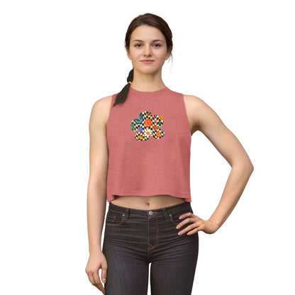 Elated Hippie Checkerboard Flower Crop Top — Retro Pastel Floral Graphic Tank for Women