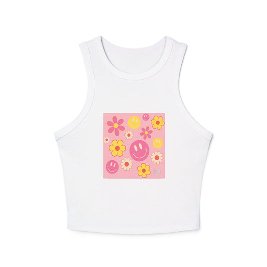 Playful Floral Smiley Racer Tank Top for Women - Perfect for Summer Vibes!