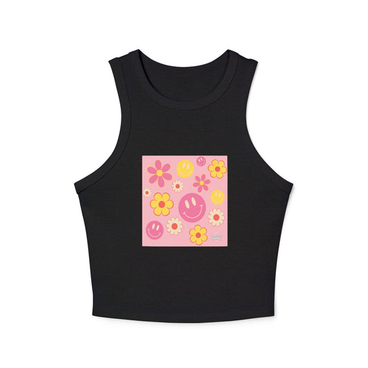 Playful Floral Smiley Racer Tank Top for Women - Perfect for Summer Vibes!