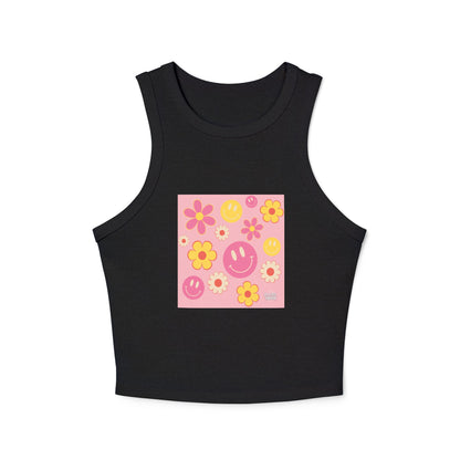 Playful Floral Smiley Racer Tank Top for Women - Perfect for Summer Vibes!