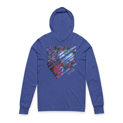 Elated Hippie Cosmic Stripes Vibes Unisex Hooded Long Sleeve Tee, Astronaut Gift, Galaxy Print Shirt, Space Theme Apparel, Trendy Streetwear, Comfort Wear