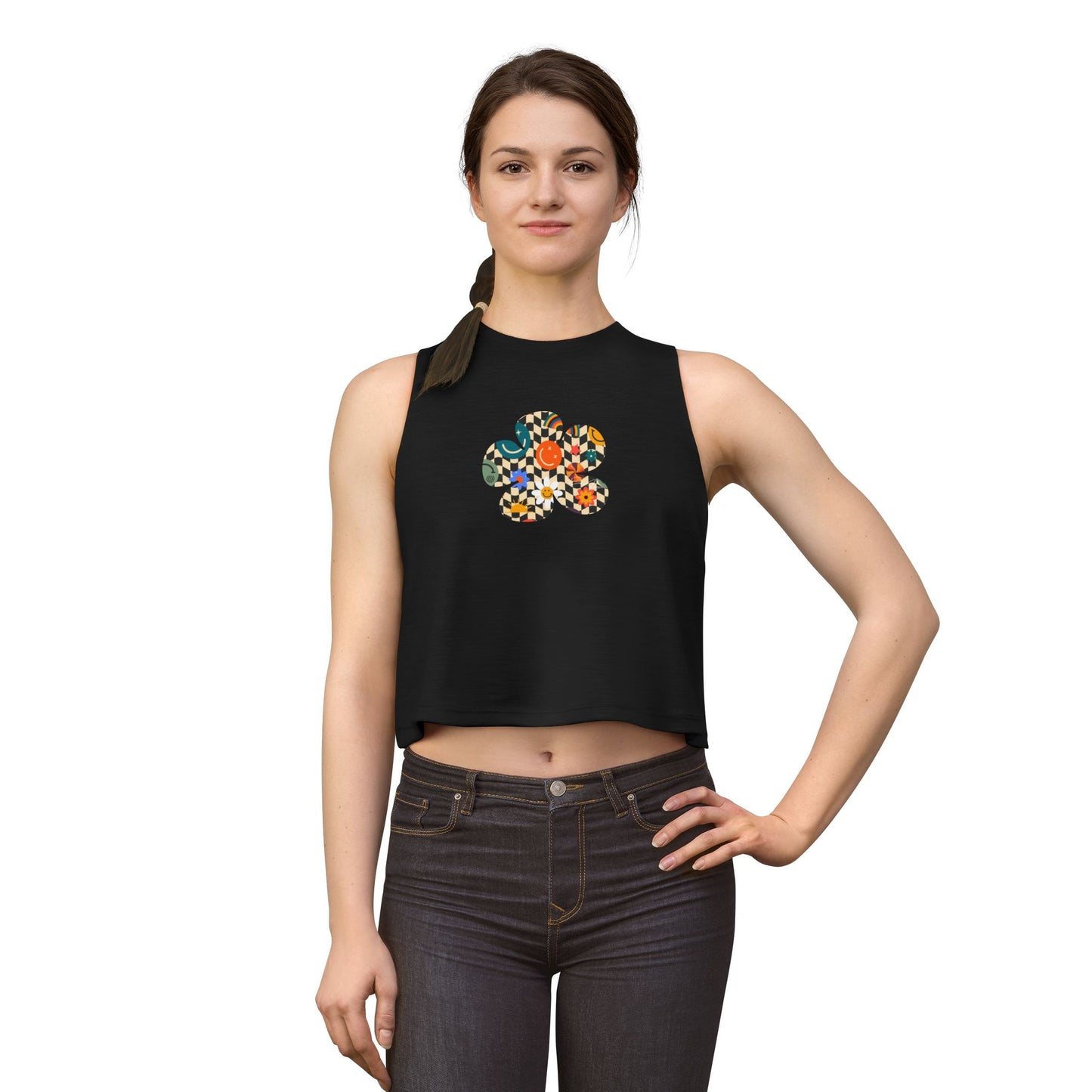 Elated Hippie Checkerboard Flower Crop Top — Retro Pastel Floral Graphic Tank for Women