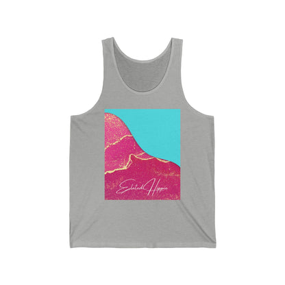 Elated Hippie Retro Blue 100% Airlume Cotton and Gold Swirl Jersey Tank Top, =, Summer Wardrobe Essential, Casual Wear