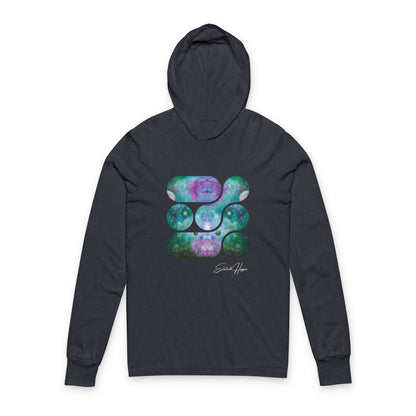 Elated Hippie 100% Airlume Cotton Cosmic Vibes Unisex Hooded Long Sleeve Tee, Astronaut Gift, Galaxy Print Shirt, Space Theme Apparel, Trendy Streetwear