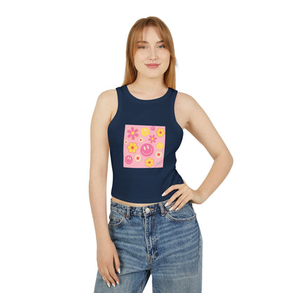 Playful Floral Smiley Racer Tank Top for Women - Perfect for Summer Vibes!