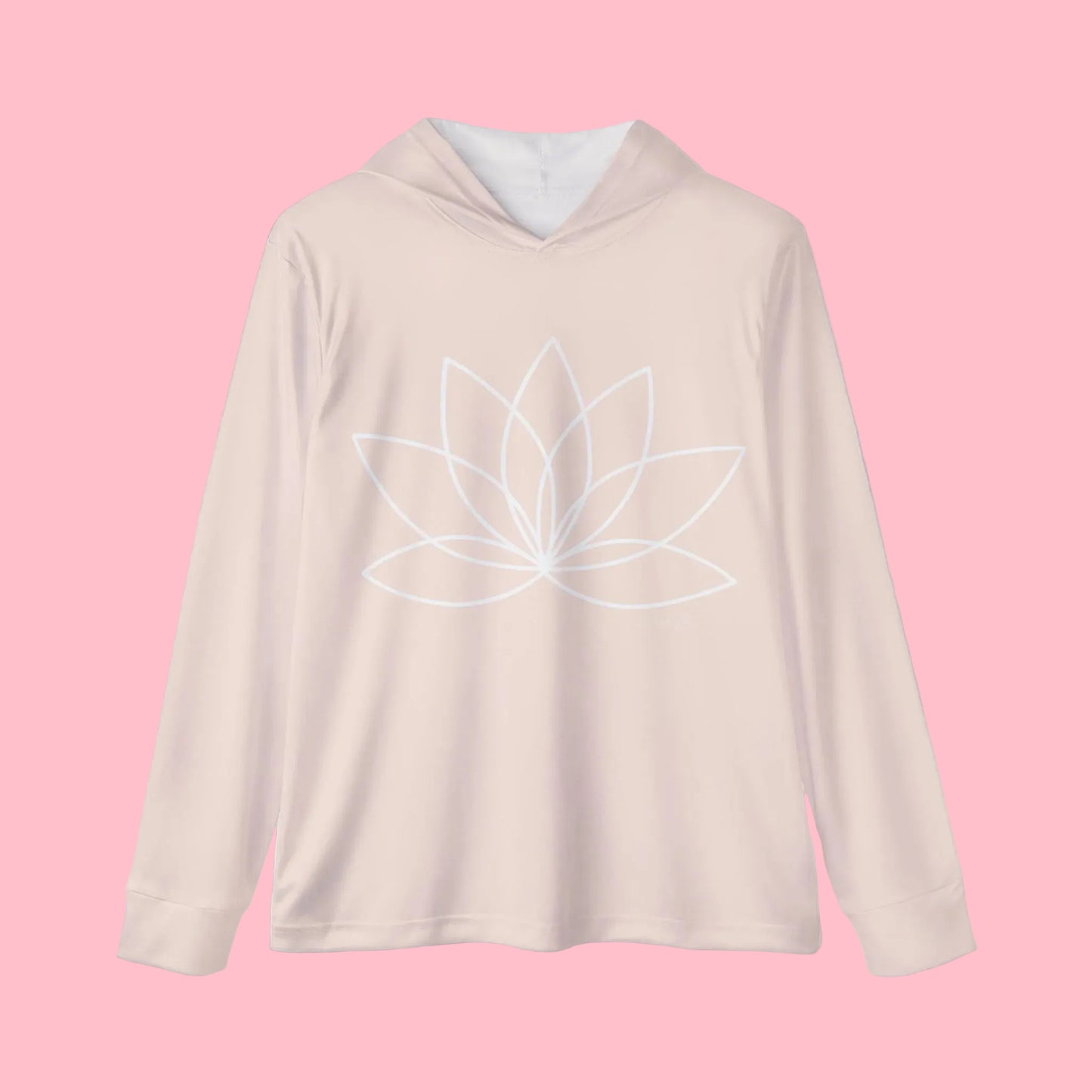 Light pink hoodie with a white lotus flower design on a white background