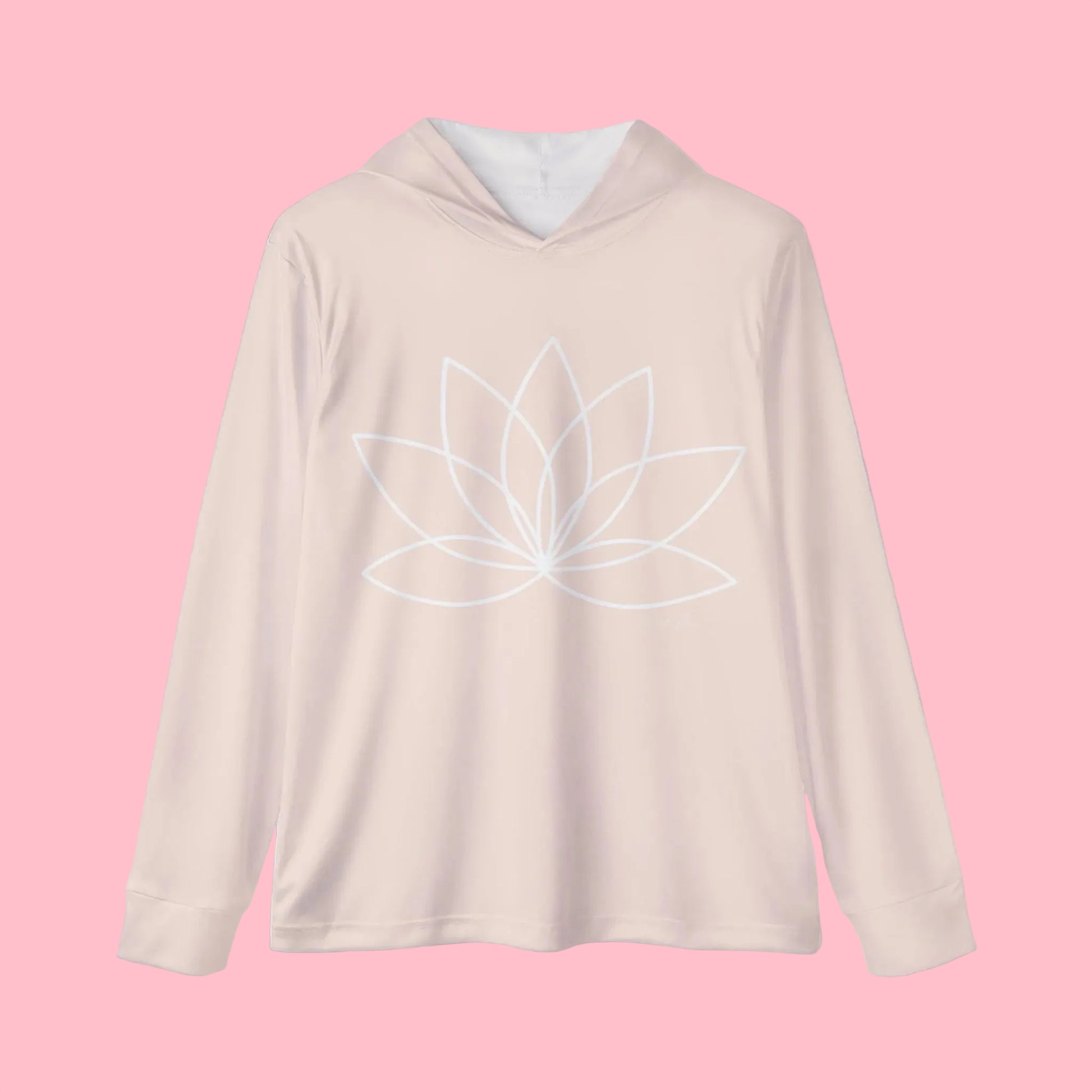 Light pink hoodie with a white lotus flower design on a white background