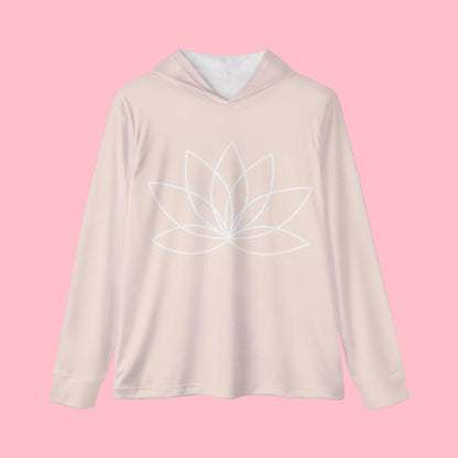 Light pink hoodie with a white lotus flower design on a white background
